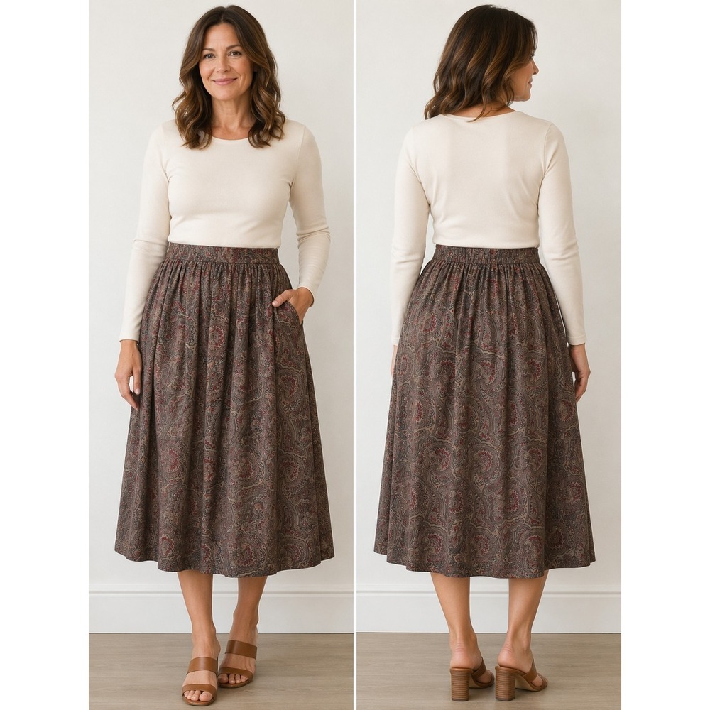 Vintage 80s F.A. CHATTA 10 Brown Paisley Rayon Midi Skirt Dark Academic S 16 Y2k